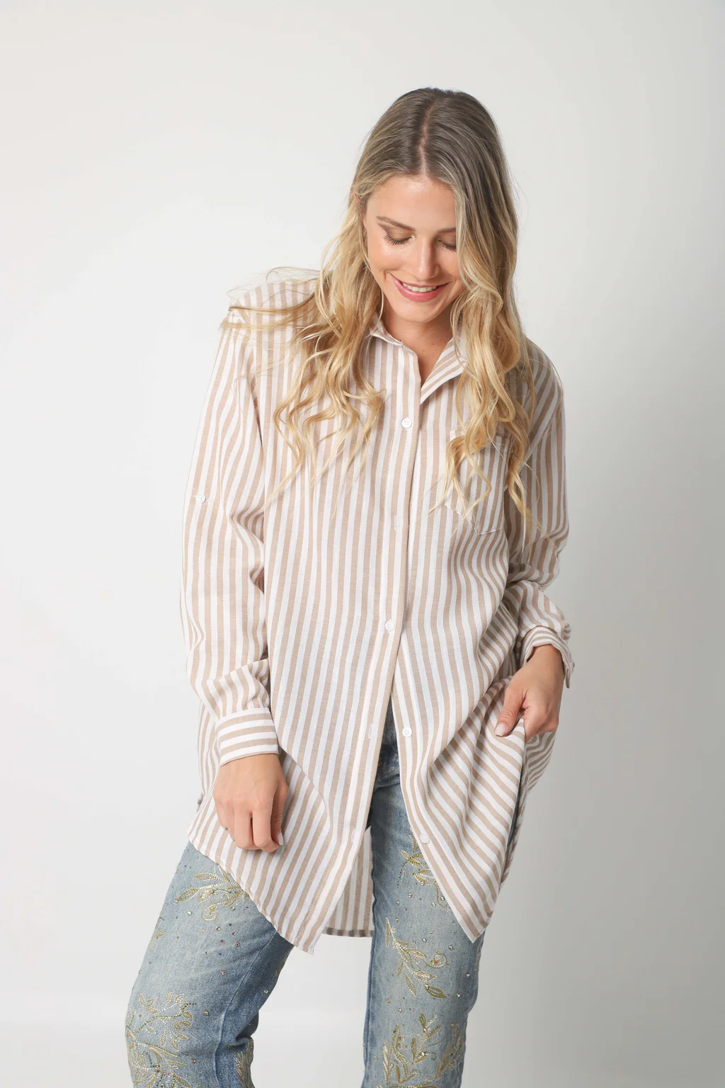 Camisa LOISA Lino Larga Raya ANCHA con Bolsillo