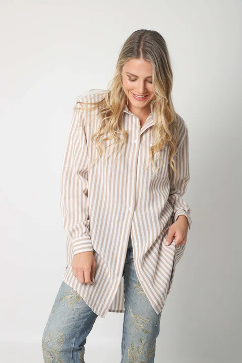 Camisa LOISA Lino Larga Raya ANCHA con Bolsillo