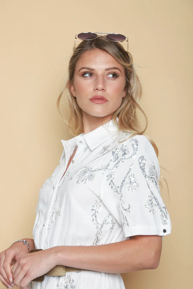 Vestido LAVIN Camisero de Lino Bordado GU0539