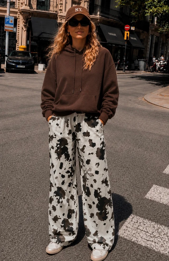 Pantalon Vaca Ancho de Gabardina con Bolsillos