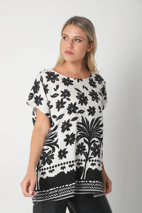 Blusa Lino Amplia Chenay Hojas c/ Strass  GU6130N