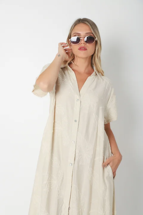  Vestido VANDALI Camisero de Lino c/ Hojas Bordadas GU2526