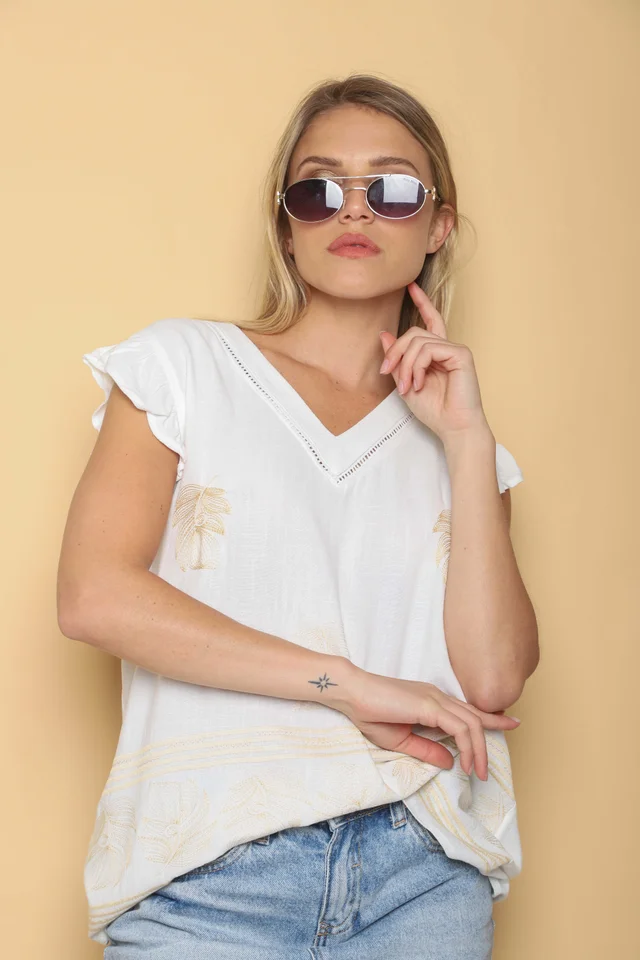 Blusa PALMIRA de Lino Bordado c/ Manga Volado GU0542