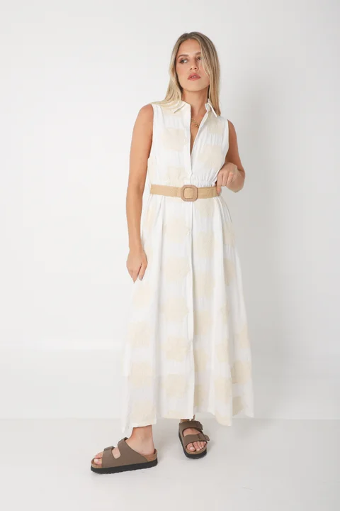 Vestido LOOK Camisero de LINO Bordado Con Cinto GU250114