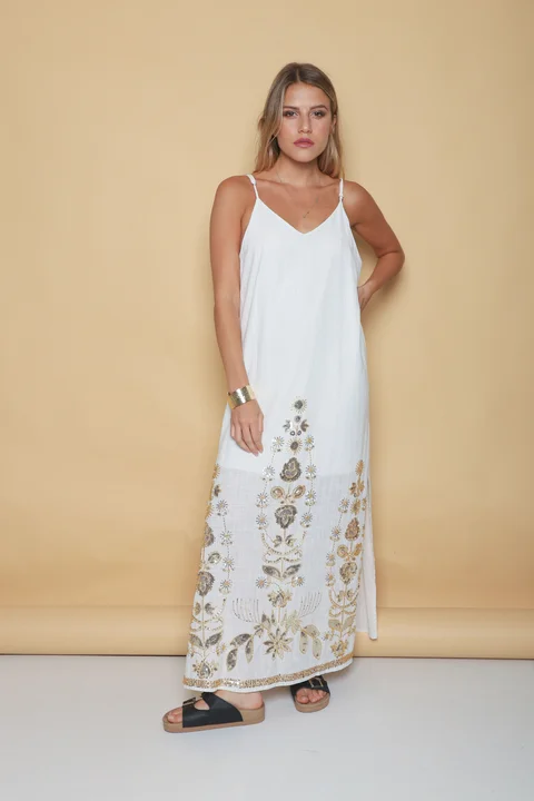 Vestido Rhapsody Amplio Lino con Canutillos Bordados GU4086