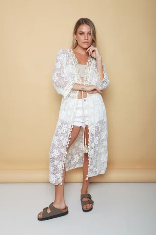 Kimono BORDEAUX Encaje Cuadrille Con Cintura Crochet GUH12567 - Vista 1