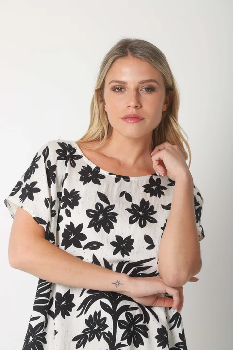 Blusa Lino Amplia Chenay Hojas c/ Strass  GU6130N