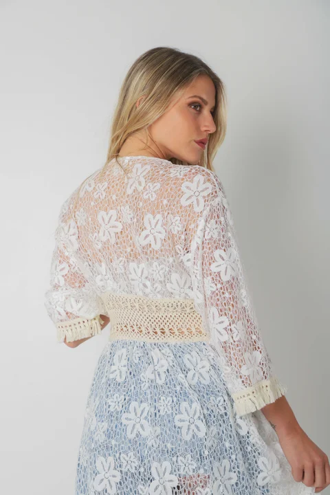 Kimono BORDEAUX Encaje Cuadrille Con Cintura Crochet GUH12567