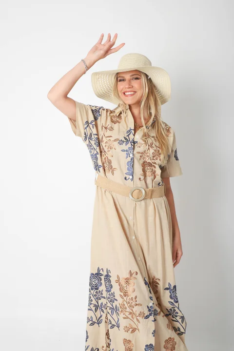 Vestido Camisero VONDO Lino Bordado y Cinto GU42