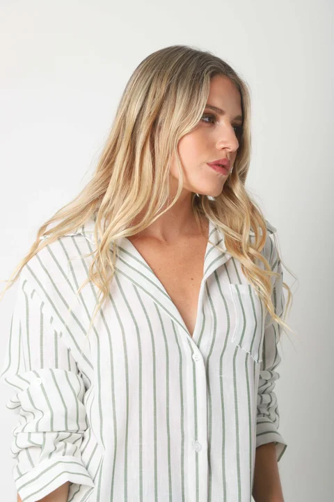 Camisa Emili Lino Larga Rayada con Bolsillo