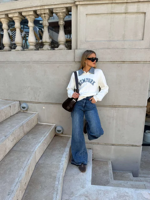 Sweater NEW YORK con jean y perlas en cuello GU67702