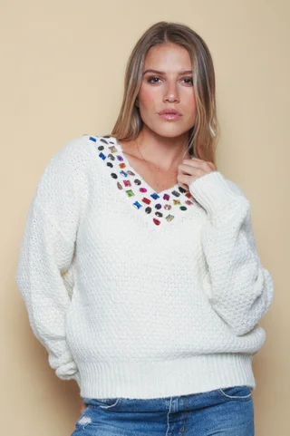 Sweater LUXE Escote V con Piedras de Colores GU81330 - Vista 3