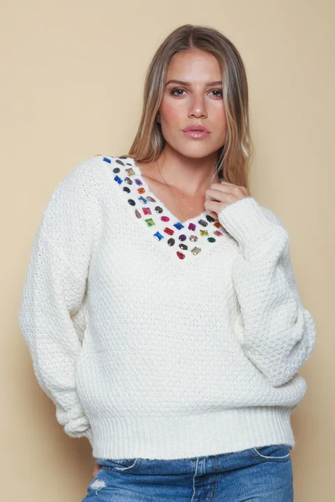 Sweater LUXE Escote V con Piedras de Colores GU81330