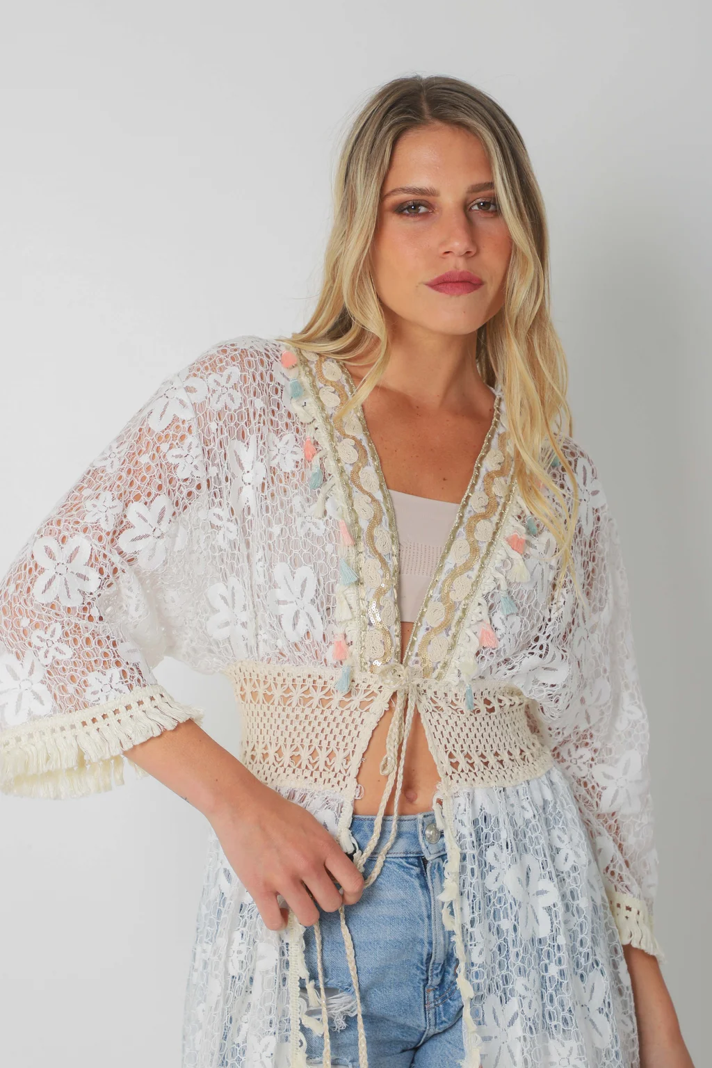 Kimono BORDEAUX Encaje Cuadrille Con Cintura Crochet GUH12567