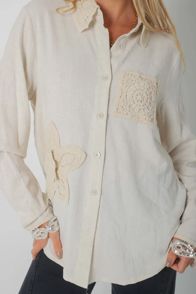 Camisa Biela de LINO c/Crochet GU250116