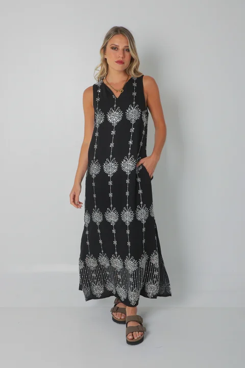 Vestido ZAFIRO de Lino c/Lentejuelas Hojas y Bolsillos GU250107