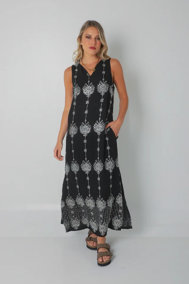 Vestido ZAFIRO de Lino c/Lentejuelas Hojas y Bolsillos GU250107