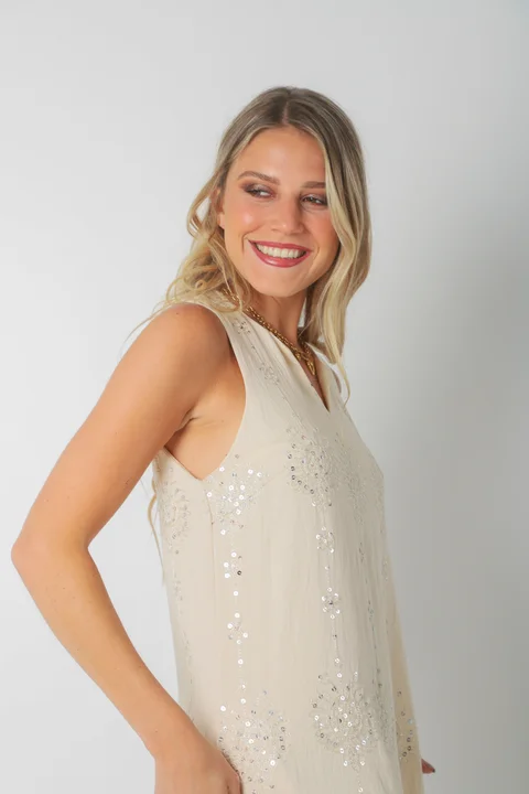 Vestido ZAFIRO de Lino c/Lentejuelas Hojas y Bolsillos GU250107