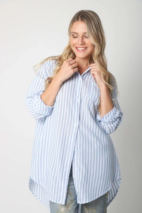 Camisa LOISA Lino Larga Raya ANCHA con Bolsillo