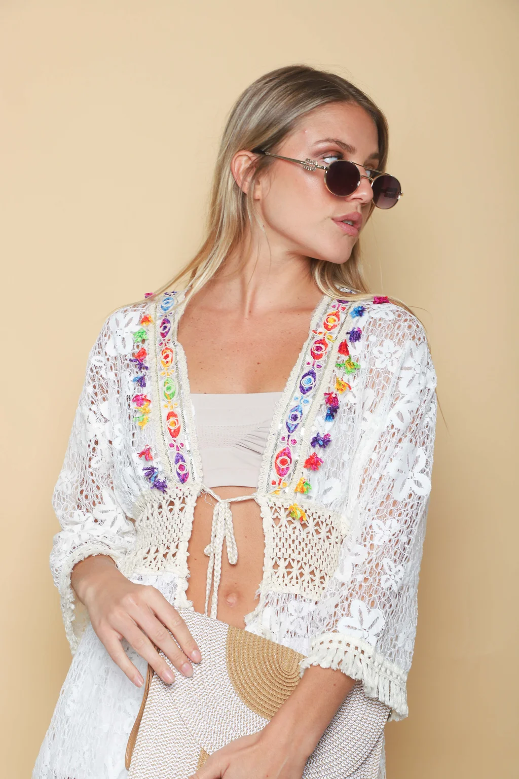 Kimono CERDEÑA Encaje Cuadrille Con Cintura Crochet GUH52737