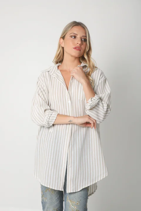 Camisa LOISA Lino Larga Raya ANCHA con Bolsillo