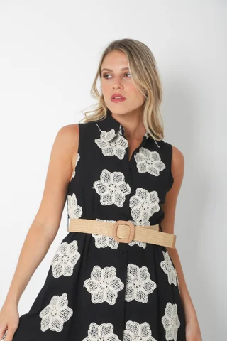 Vestido LOOK Camisero de LINO Bordado Con Cinto GU250114 - Vista 4