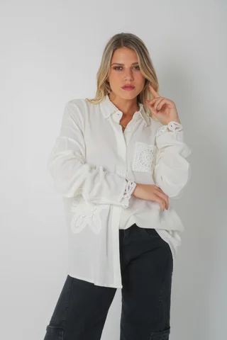 Camisa Biela de LINO c/Crochet GU250116 - Vista 2