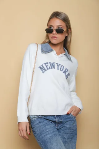 Sweater NEW YORK con jean y perlas en cuello GU67702 - Vista 4