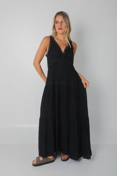 Vestido MURIEL de lino c/ guardas Guipiure GU2523