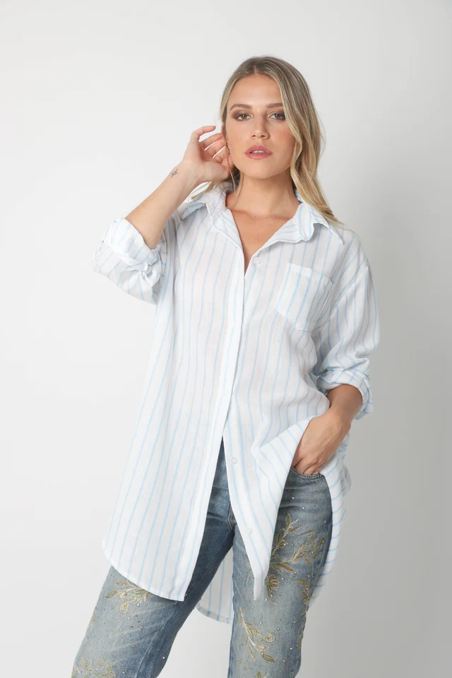 Camisa Emili Lino Larga Rayada con Bolsillo