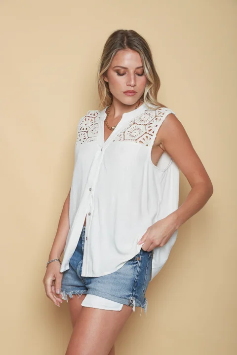 Camisa KARIN de Lino Sin Manga C/ Crochet GU0544