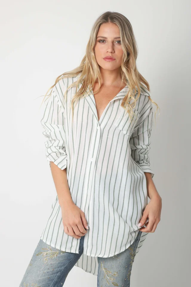 Camisa Emili Lino Larga Rayada con Bolsillo