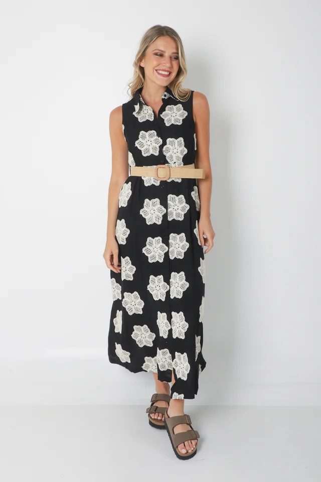 Vestido LOOK Camisero de LINO Bordado Con Cinto GU250114