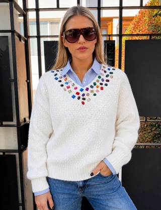 Sweater LUXE Escote V con Piedras de Colores GU81330 - Vista 1