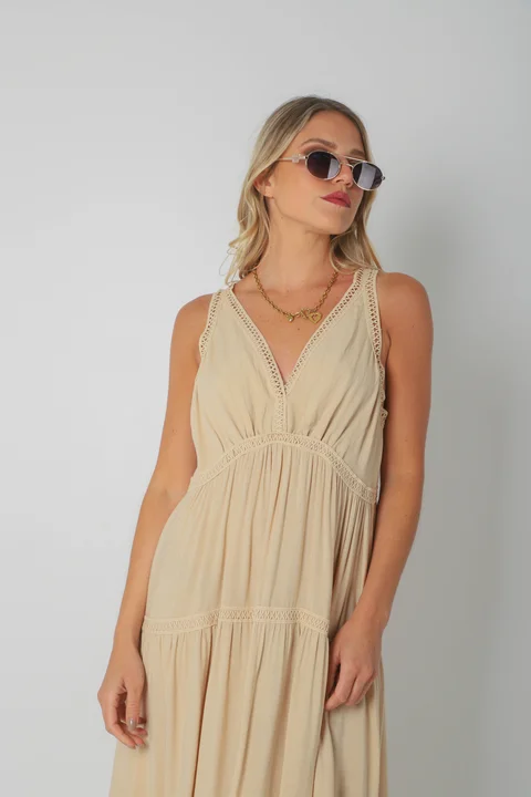 Vestido MURIEL de lino c/ guardas Guipiure GU2523