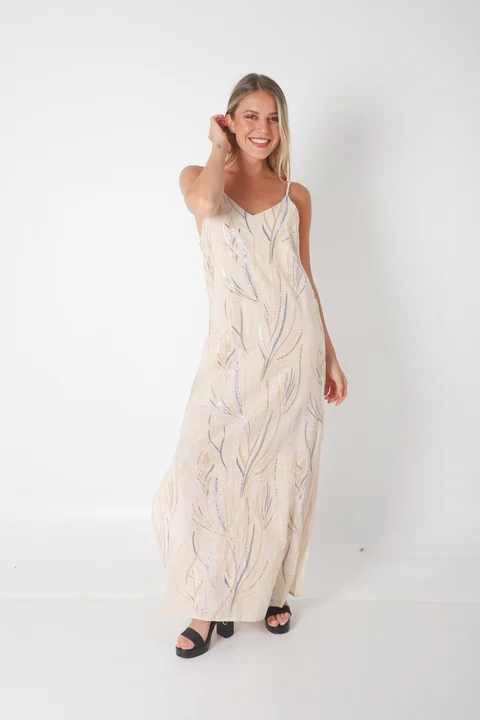 Vestido SANSA de Lino Forrado c/ Lentejuelas Bordadas GU70142