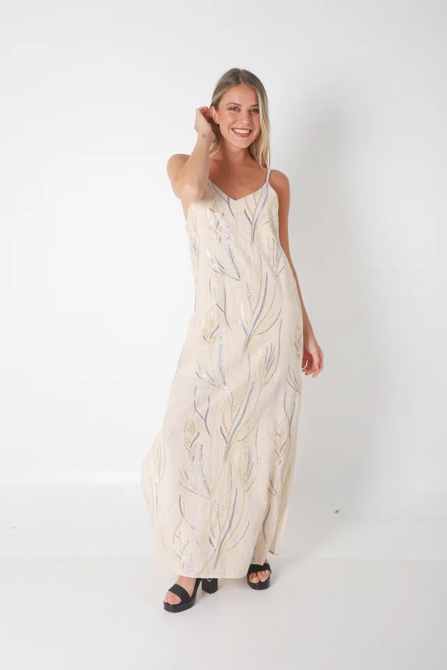 Vestido SANSA de Lino Forrado c/ Lentejuelas Bordadas GU70142