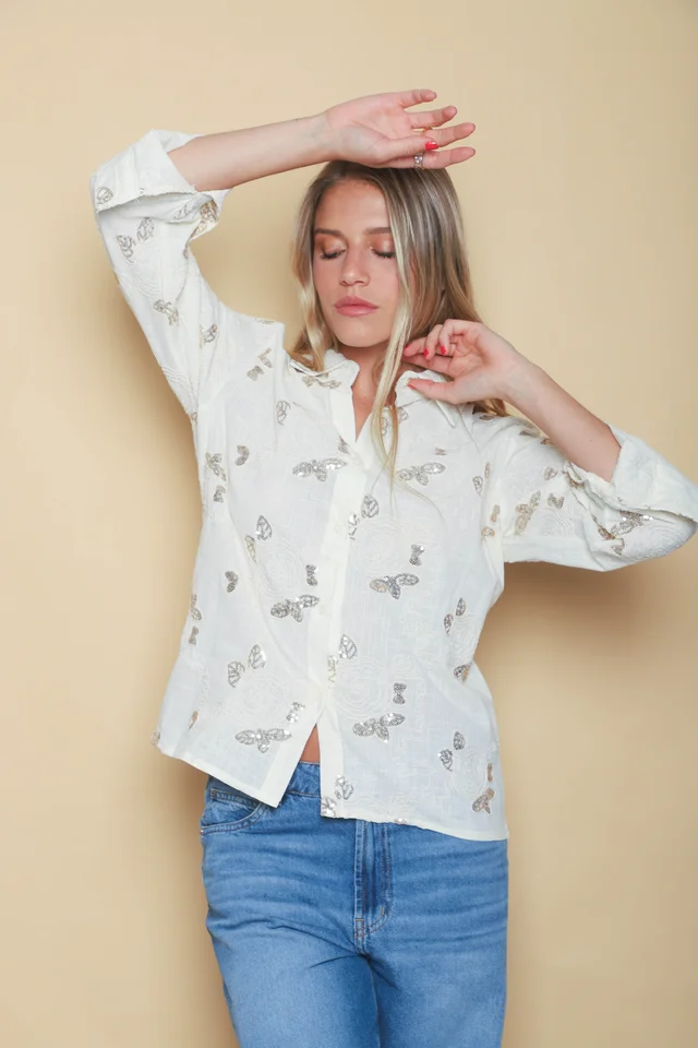Camisa MISUKI LINO Bordada Flor Lentejuelas GU5192
