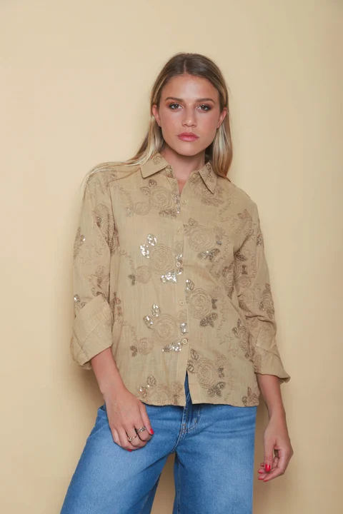 Camisa MISUKI LINO Bordada Flor Lentejuelas GU5192