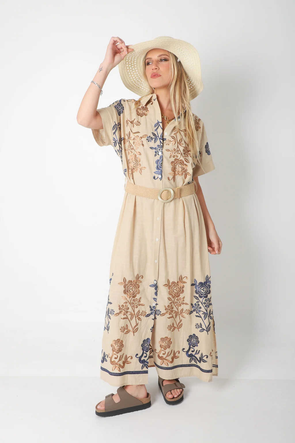 Vestido Camisero VONDO Lino Bordado y Cinto GU42