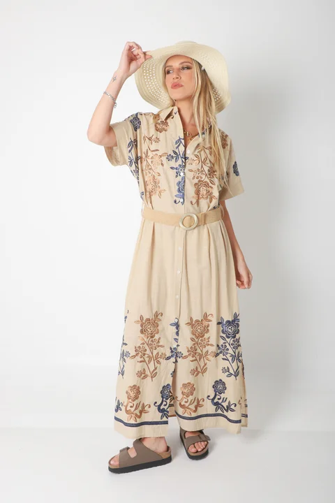 Vestido Camisero VONDO Lino Bordado y Cinto GU42