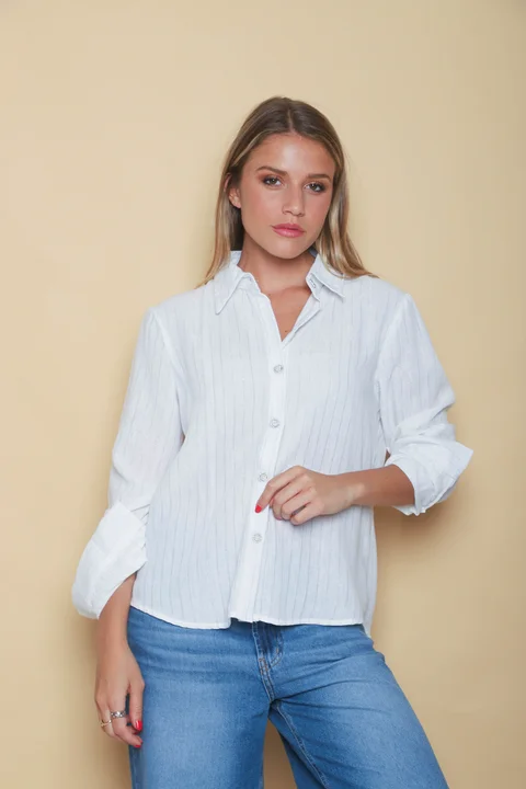 Camisa BANERY de Lino Raya Lurex Botones c/ Brillo GUK70186