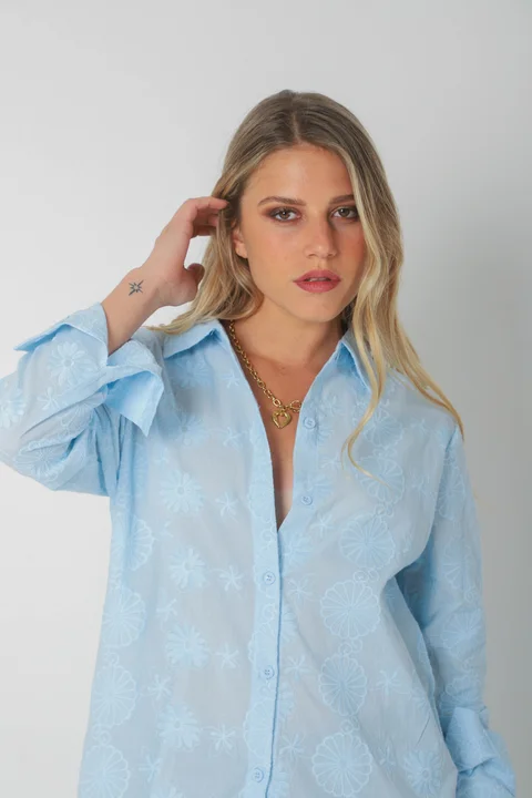 Camisa CANELA Larga de Broderie Flores Bordadas GU5205