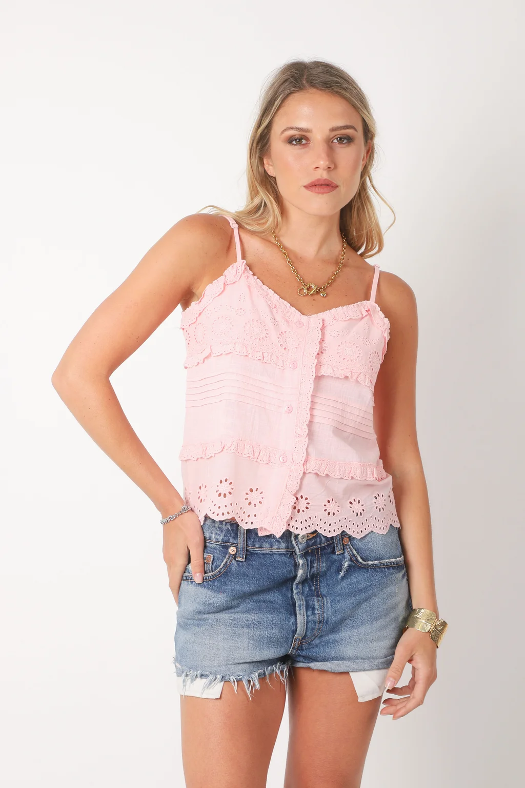 Musculosa Kavanah de Lino Abotonada con T ablitas y Broderie GUK4067