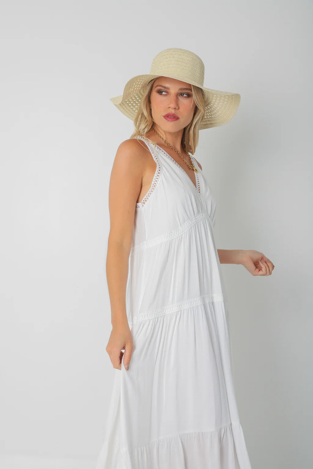 Vestido MURIEL de lino c/ guardas Guipiure GU2523