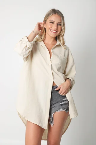 Camisa MARQUESA LARGA  de Lino con Fantasia y Bolsillo  - Vista 3