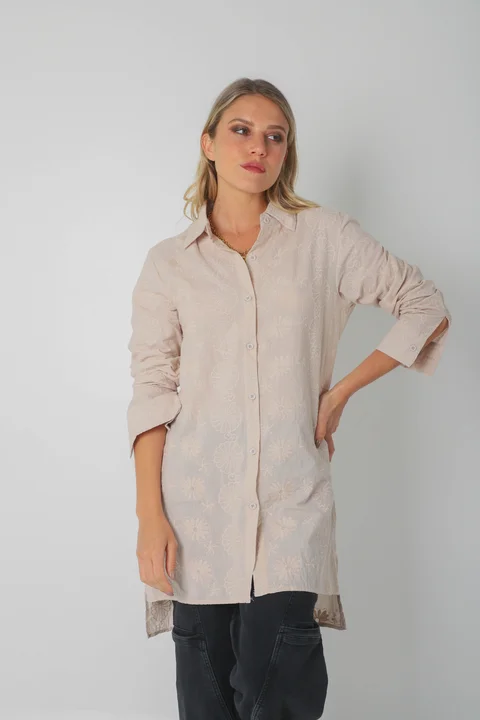 Camisa CANELA Larga de Broderie Flores Bordadas GU5205
