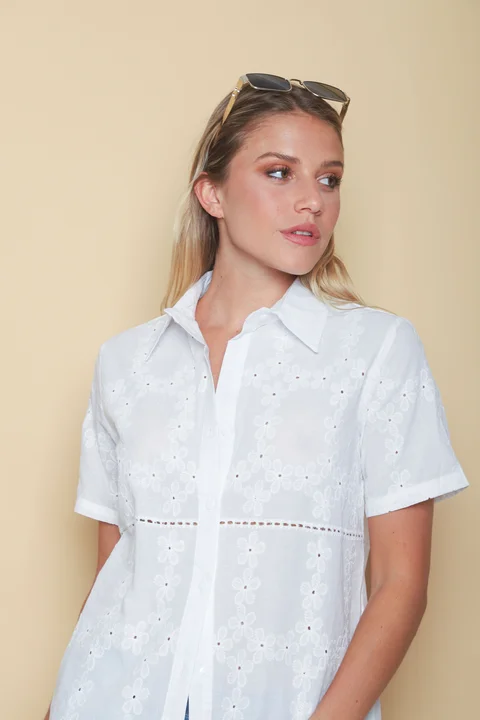 Camisa FLORIAN Broderie Manga Corta Flores Bordadas GU70106