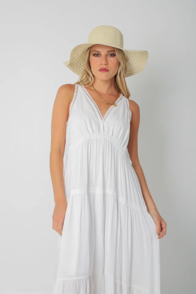 Vestido MURIEL de lino c/ guardas Guipiure GU2523