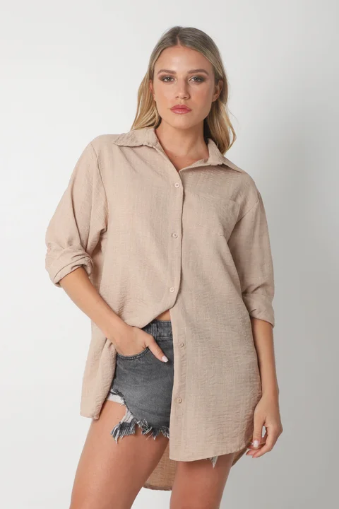 Camisa MARQUESA LARGA  de Lino con Fantasia y Bolsillo 